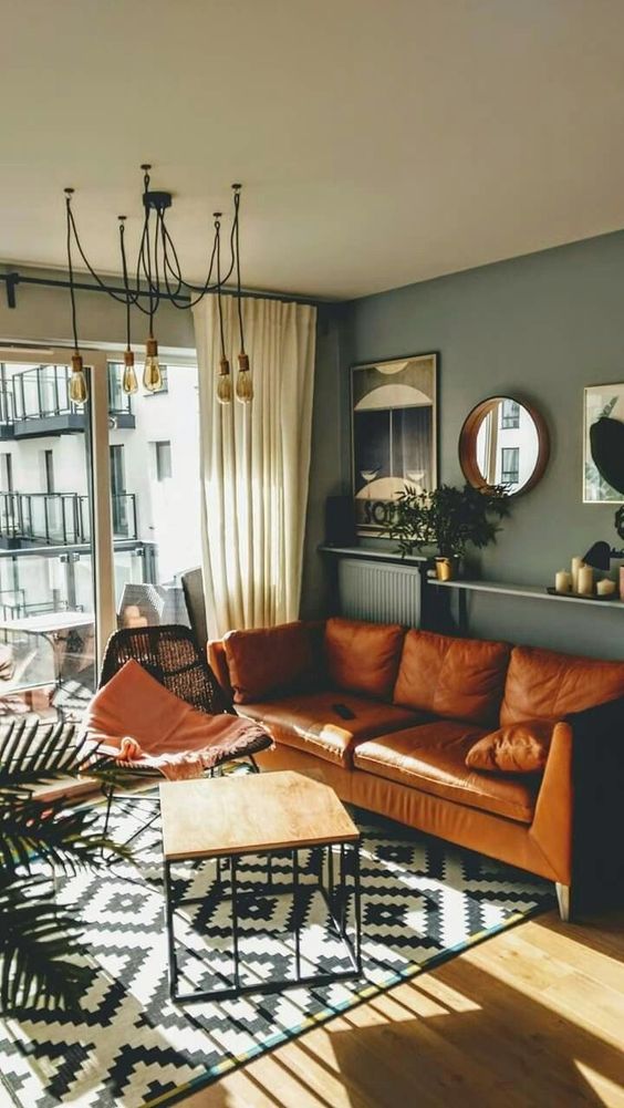 Brown, green, black and white living room
