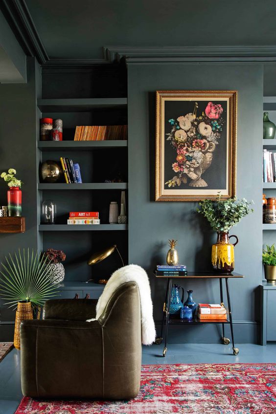 living room with charcoal color wall and ceiling paint color