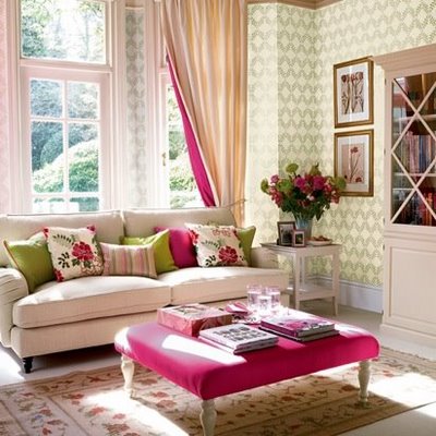 fuchsia and green colors in living room