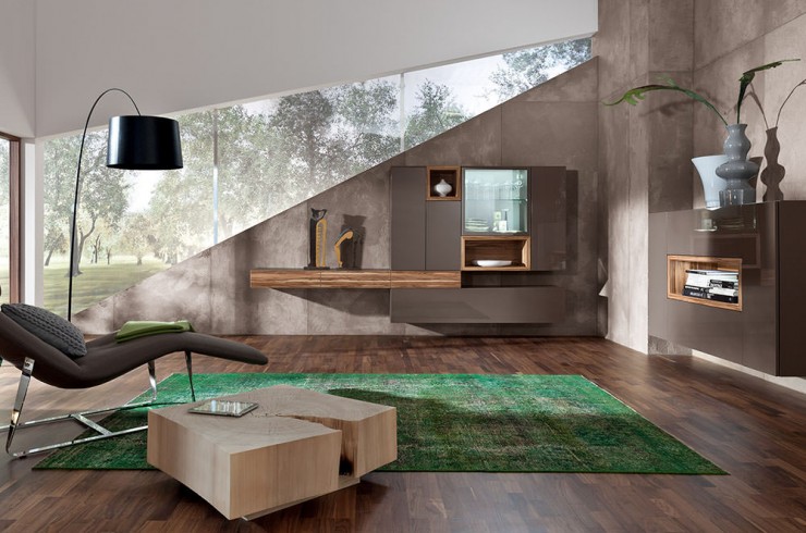 brown and gray walls and a green carpet