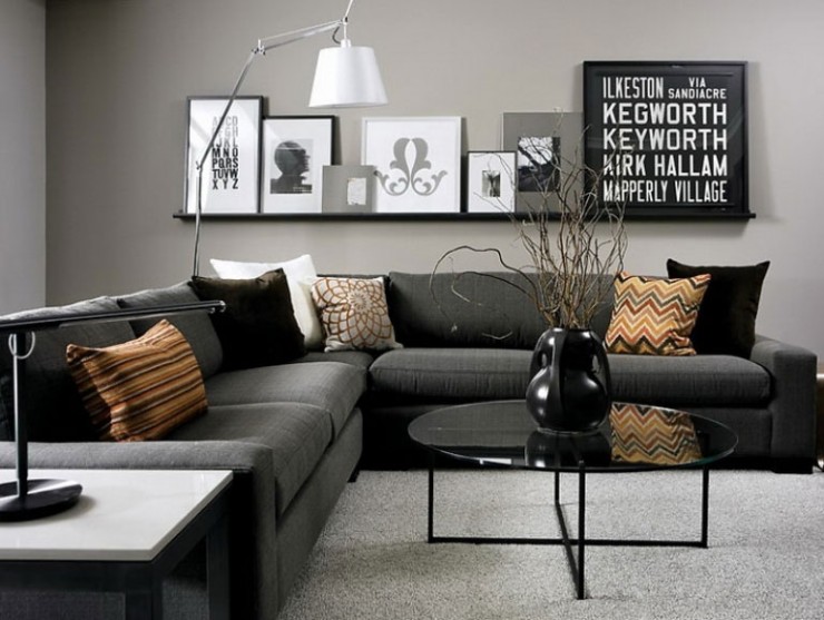 dark gray sofa and decorative pillows