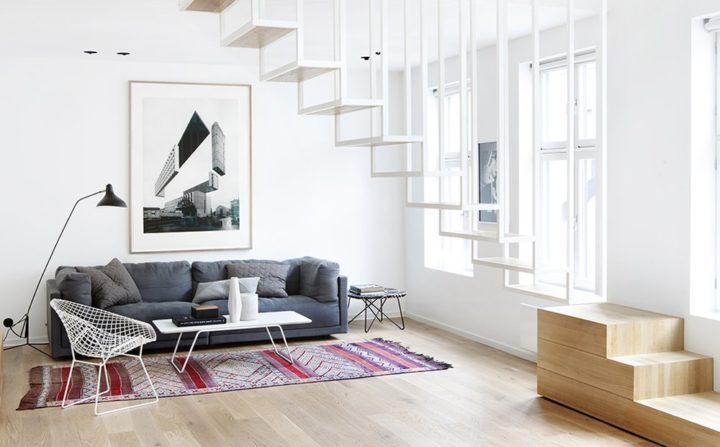 minimalist iron and wood white staircase