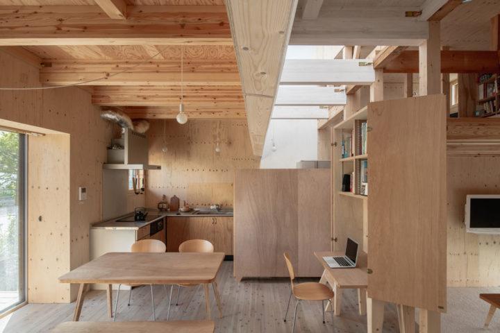 Japanese open space interior design with light wood