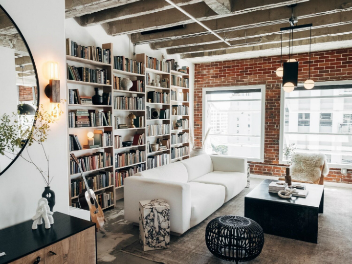 Modern Rustic Industrial living room with library